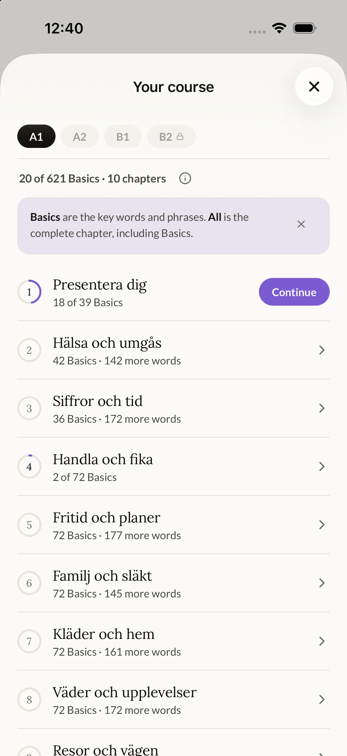 Your course: A1 chapters with Basics counts