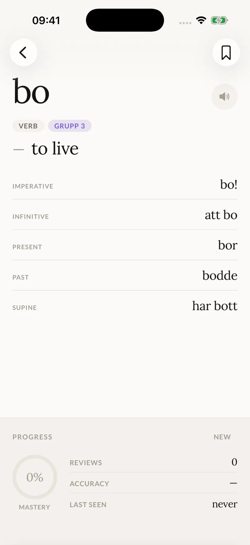 Dictionary entry for bo with verb forms